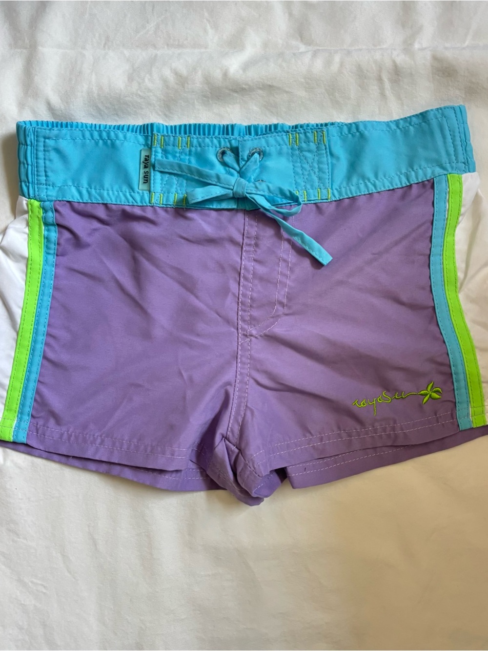 raya sun Purple Swim Shorts with Aqua Waistband and Lime Stripes